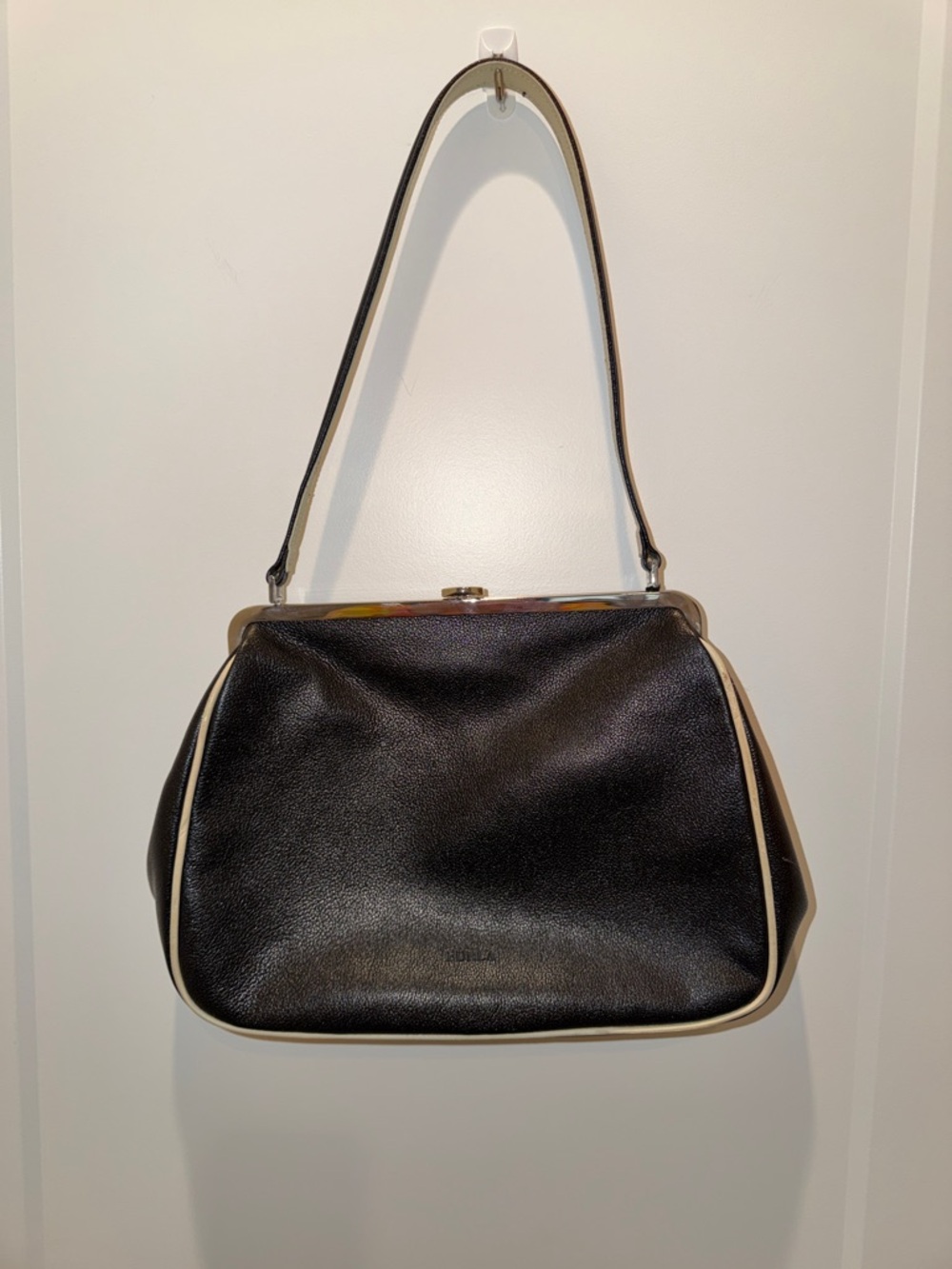 Furla Vintage Black Shoulder Bag with Cream Trim